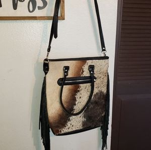 Boutique 100% Leather & Cowhide Fringe Tote Purse